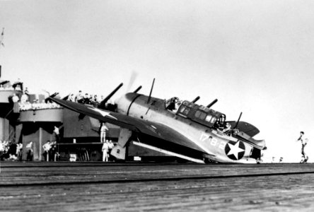 SB2C-1 VB-17 sans tail on USS Bunker Hill (CV-17) 1943