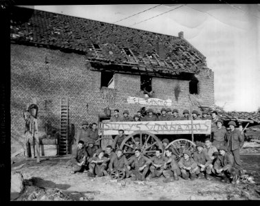 SC 411798 - Members of Company B, 1st Bn., 407th Regiment, 102nd Division, in front of their simulated western dude ranch