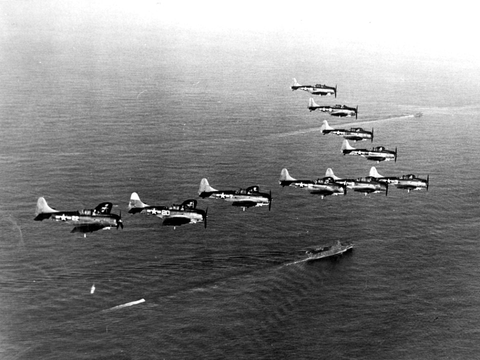SBD Dauntless over USS Enterprise (CV-6) 1944