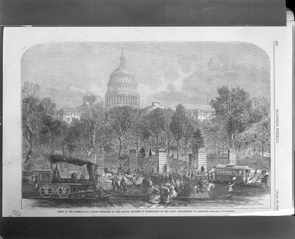 Scene at the Pennsylvania Avenue entrance to the Capitol grounds at Washington on the daily adjournment of Congress LCCN2010652198