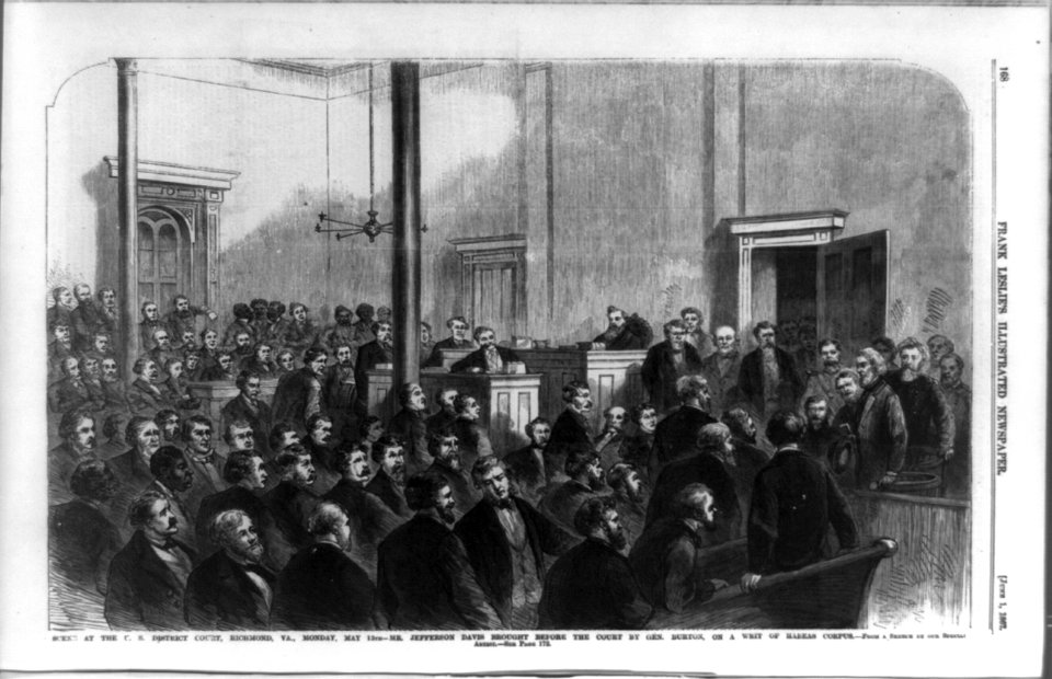 Scene at the U.S. District Court, Richmond, Va., Monday, May 13th - Mr. Jefferson Davis brought before the court by Gen. Burton, on a writ of habeas corpus - from a sketch by our special LCCN93510099