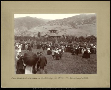 Scene during the cakewalk on Old Folks Day- July 6th, 1895 at the Lagoon, Farmington, Utah