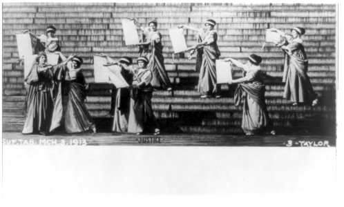 Scene from a tableau held on the Treasury steps in Washington, D.C., in conjunction with the Woman's suffrage procession on March 3, 1913 LCCN2002722838