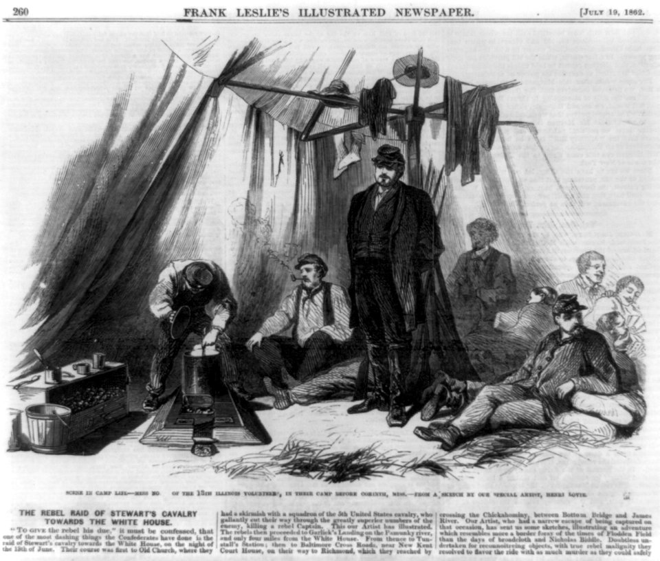 Scene in camp life-mess no. of the 13th Illinois Volunteers, in their camp before Corinth, Miss. - from a sketch by our special artist Henri Lovie. LCCN89714607