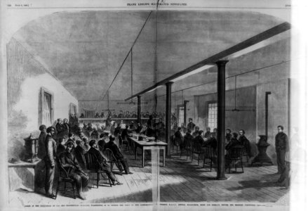 Scene in the court-room in the old Penitentiary building, Washington, D.C., during the trial of the conspirators ... Harold, Arnold, McLaughlin, Mudd and Surratt, before the military LCCN99614000