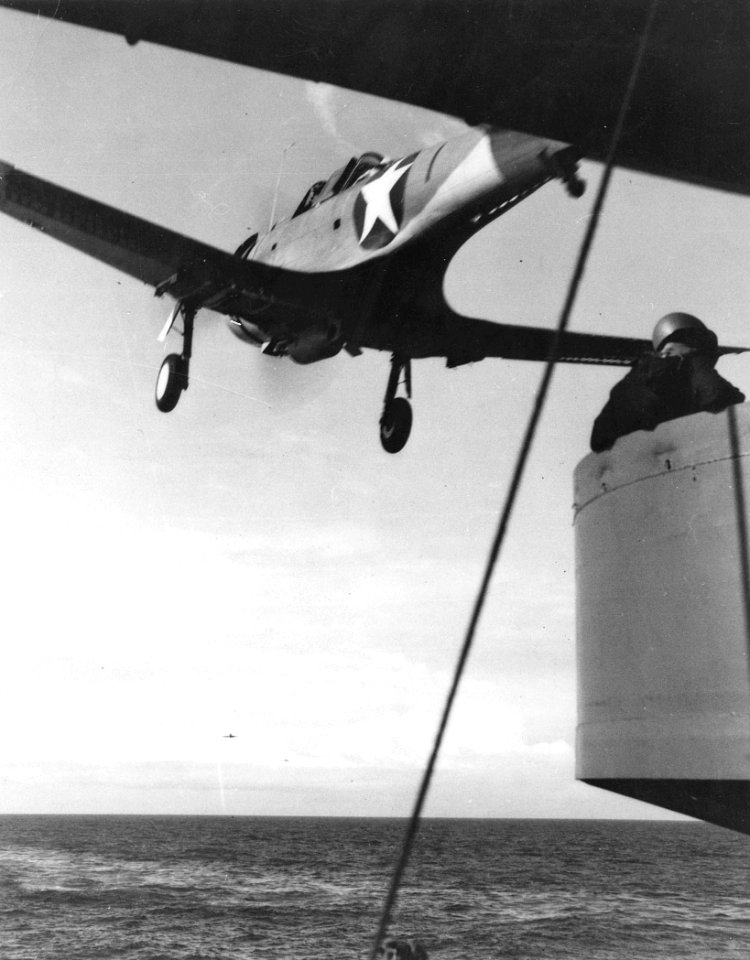SBD-3 Dauntless of VS-5 is launched from USS Enterprise (CV-6) on 7 August 1942 (NNAM.1996.253.614)