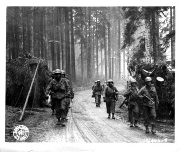 SC 196444-S - Seventh Army infantrymen move through rain and mist to assault a nearby town in the new advance on German held territory. Raon L'Etape area, France. 17 November, 1944