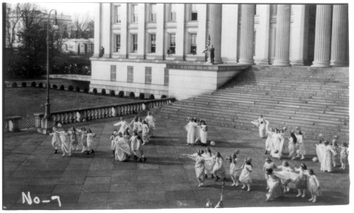 Scene from a tableau held on the Treasury steps in Washington, D.C., in conjunction with the Woman's suffrage procession on March 3, 1913 LCCN2002722837 photo