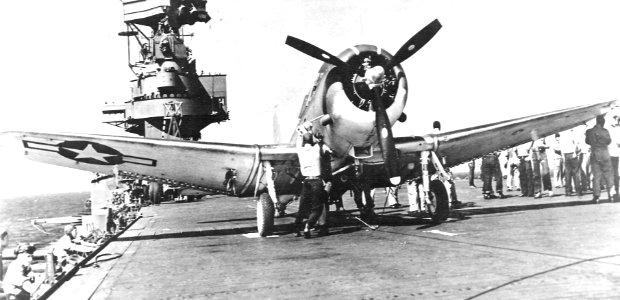 SBD-5 on catapult of USS Enterprise (CV-6) 1944