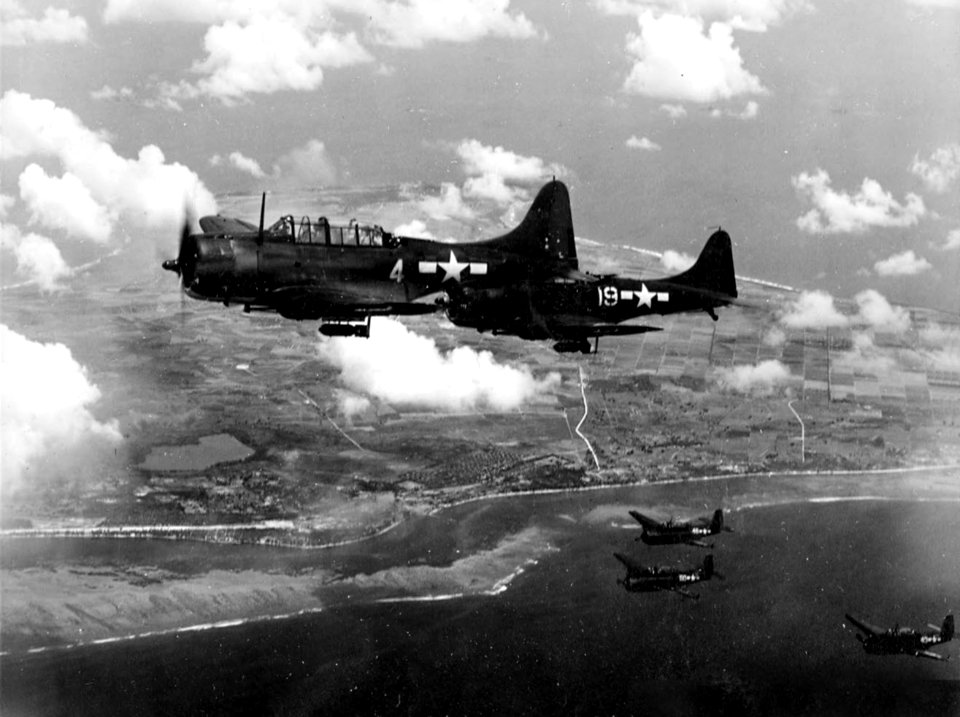 SBDs and TBFs from CVG-10 in flight 1944