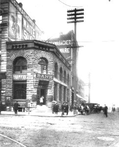 Scandinavian-American Bank, 1st Ave S and Yesler Way, Seattle, ca 1904 (CURTIS 2064)