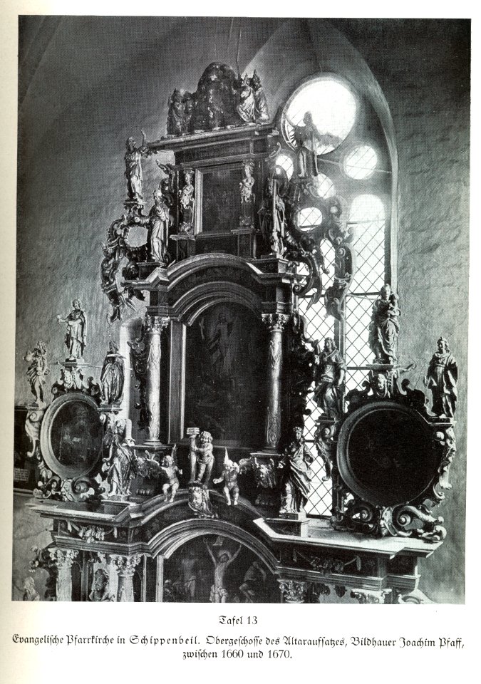 Schippenbeil, Evangelische Pfarrkirche, Altaraufsatz, Obergeschosse, 1660 bis 1670, Bildhauer Joachim Pfaff
