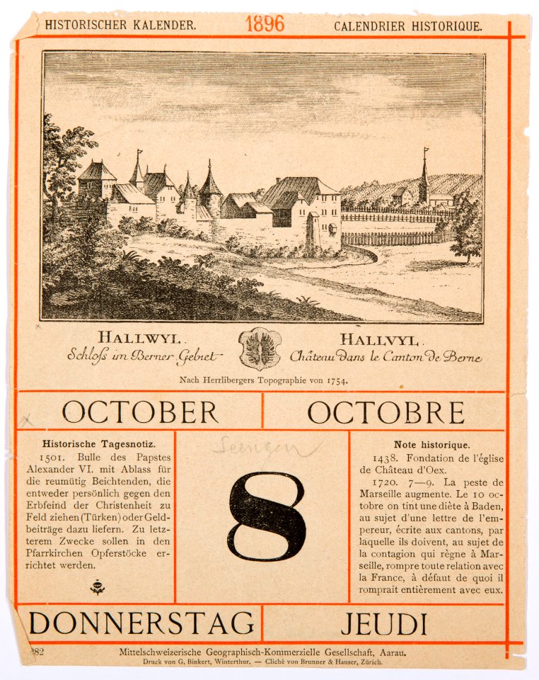 Schloss Hallwyl på historisk kalender från 1896 - Hallwylska museet - 102209