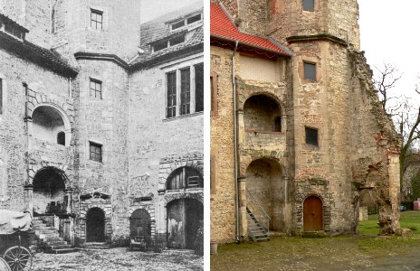 Schloss Hessen Hauptburg Treppenturm und Westflügel um 1900 und 2012