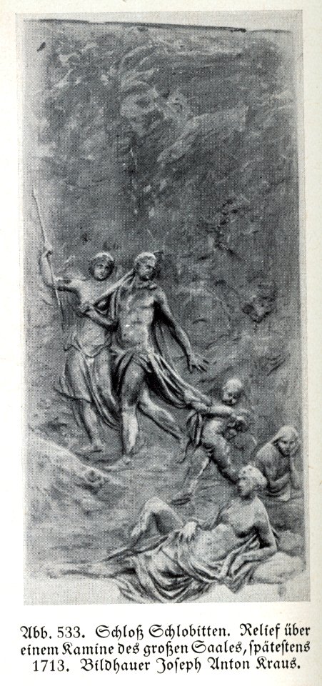 Schloss Schlobitten, Relief über einem Kamin im großen Saal, 1713, Bildhauer Joseph Anton Kraus