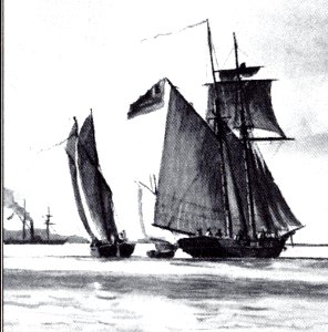 Schoner ELBE (dänisch ELBEN) um 1850. Ausschnitt aus einem Gemälde von Lüder Arenhold von 1906