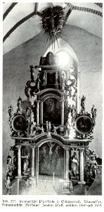 Schippenbeil, Evangelische Pfarrkirche, Altaraufsatz, Gesamtansicht, 1660 bis 1670, Bildhauer Joachim Pfaff
