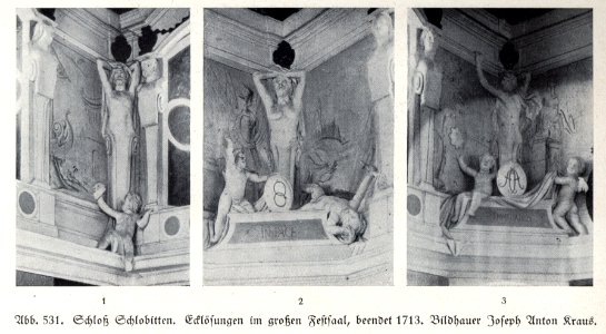 Schloss Schlobitten, Großer Festsaal, Ecklösungen, 1713, Bildhauer Joseph Anton Kraus