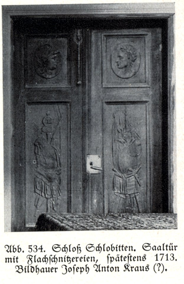 Schloss Schlobitten, Saaltür mit Flachschnitzereien, 1713, Bildhauer Joseph Anton Kraus