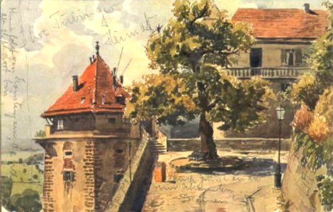 Schlosslinde und Fünfeckturm (Aquarell-AK 1925)