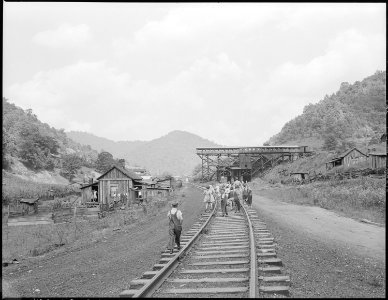 School children walk down the railroad tracks to their homes and lunches. Kentucky Straight Creek Coal Company, Belva... - NARA - 541234