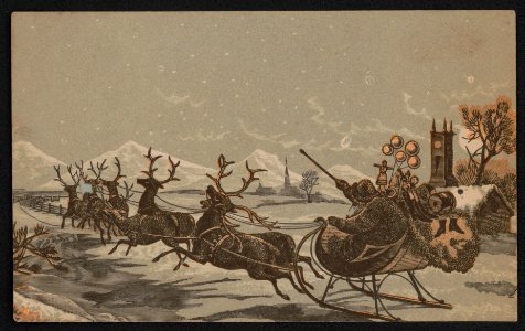 Santa with toys in a sleigh, drawn by reindeer, with a church on the right and another in the distance LCCN2015651615