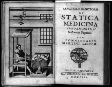 Santorio Santorio seated in weighing chair in front of table, part of his quantitative approach to medicine, and title page of De statica medicina aphorismorum LCCN92517504