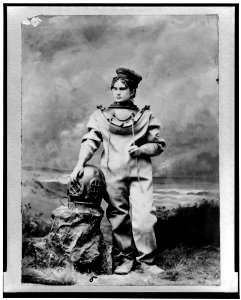 Sarah Bernhardt, full-length portrait, standing, facing slightly left, in sea-diving costume as The Ocean Empress LCCN98503044