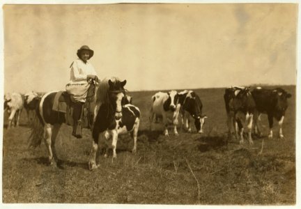 Sarah Crutcher, 12-year-old girl herding cattle. Route 4, c-o S.O. Crutcher. She was out of school (-49 Comanche County) only 2 weeks this year and that was to herd 100 head of cattle for LOC nclc.00683