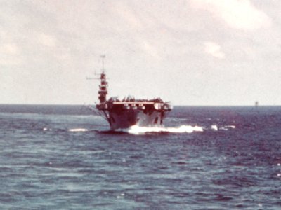 Sangamon-class escort carrier operating in the South Pacific in 1943