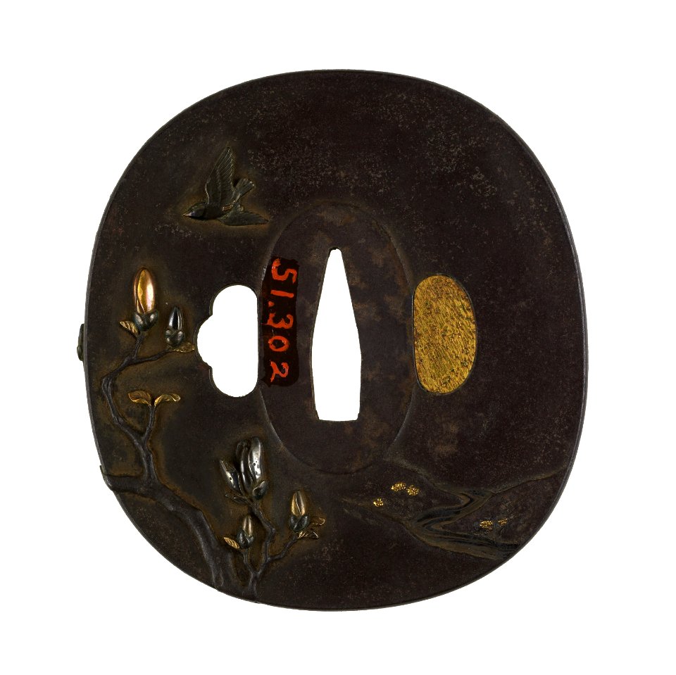 Sasayama Tokuoki - Tsuba with Blossoming Magnolia with Sparrows - Walters 51302 - Back