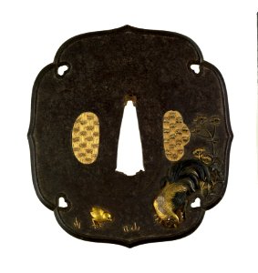 Sasayama Tokuoki - Tsuba with Rooster, Hen, and Chick with Autumn Flowers - Walters 51154