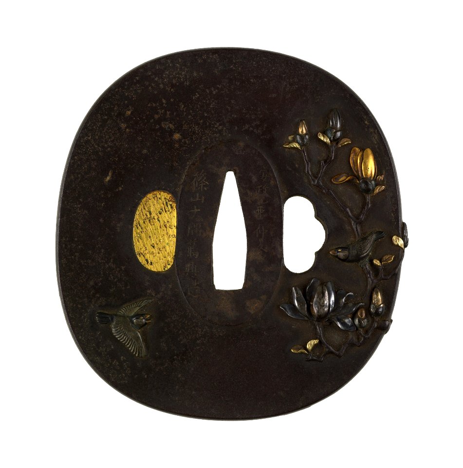Sasayama Tokuoki - Tsuba with Blossoming Magnolia with Sparrows - Walters 51302