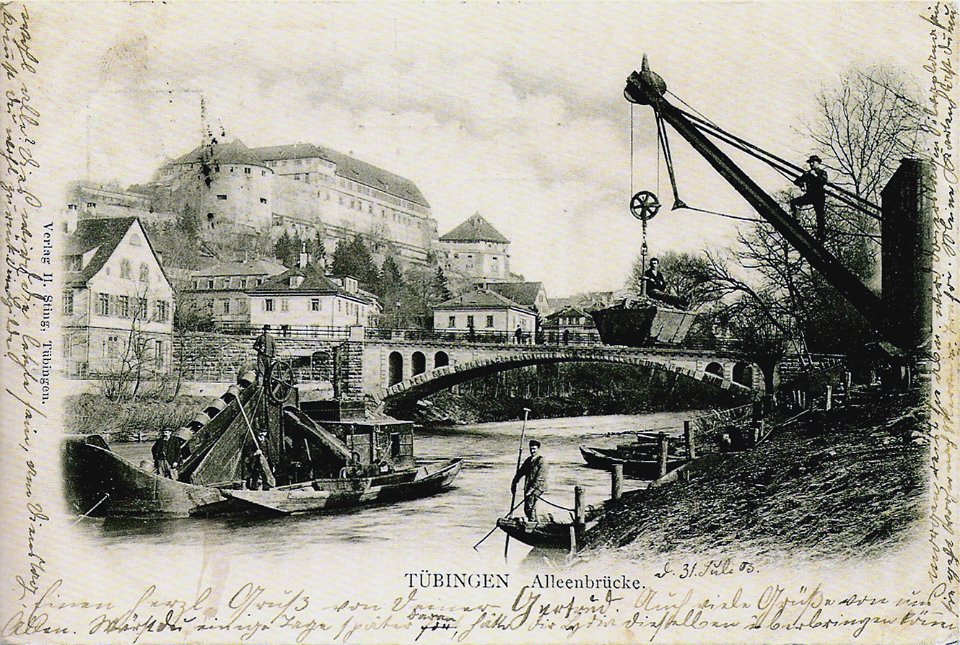 Schwimmender Dampfbagger vor Alleenbrücke (AK H Sting 1903 TPk157)