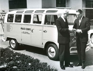 Sargent Shriver accepts a donated Volkswagen van that was the first passenger vehicle in Peace Corps history and was used in Washington, DC. - 042 Print scan 004