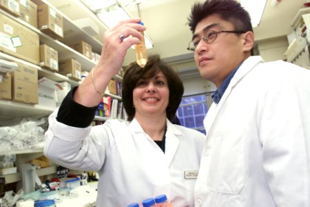 Scientists examine vial
