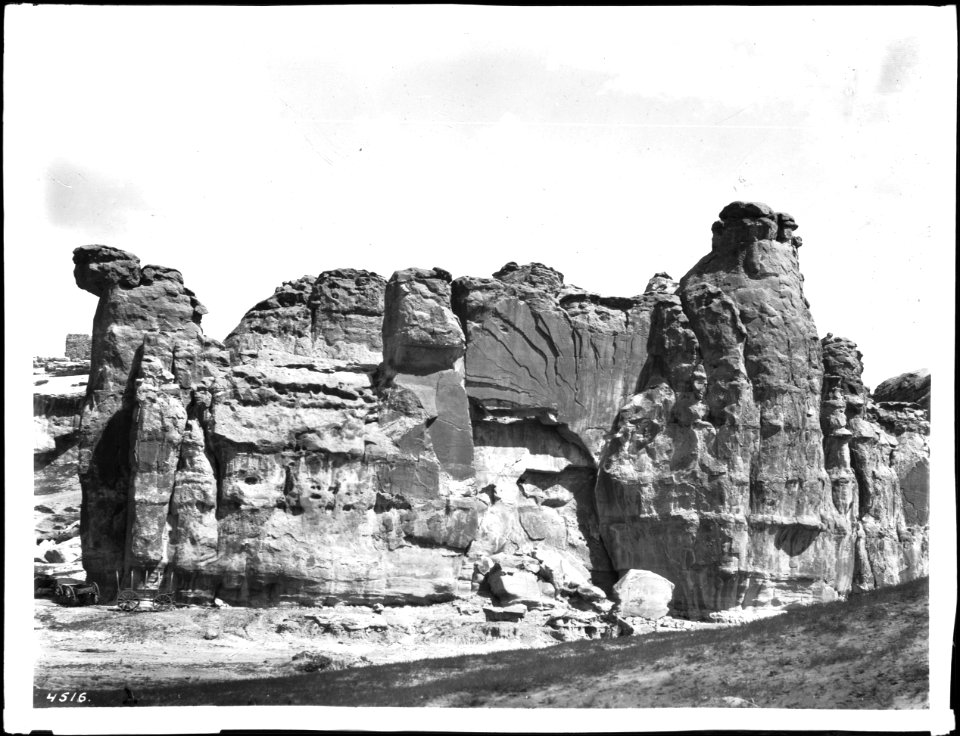 Scuplted rock walls of the Mesa Encantada, Acoma, ca.1900 (CHS-4516)