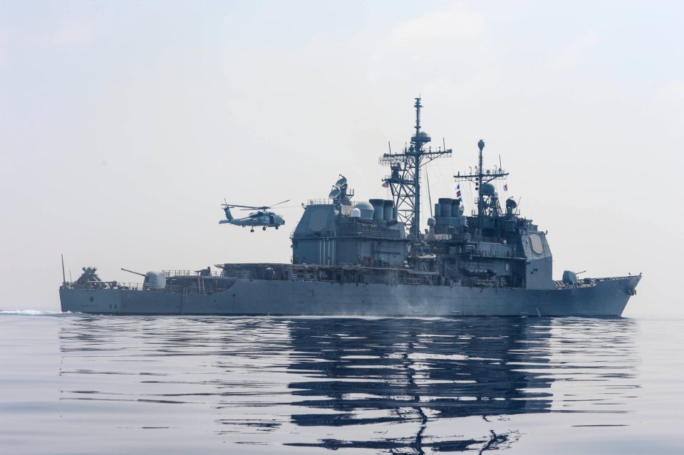 Sea Hawk lands aboard USS Monterey at sea. (8720587440)