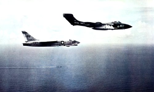 Sea Vixen FAW2 of 893 NAS in flight with RF-8A Crusader of VFP-63 on May 1964