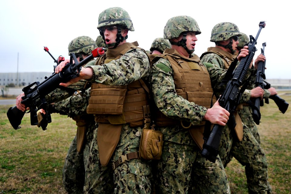 Seabees practice crowd control techniques. (8387277526)