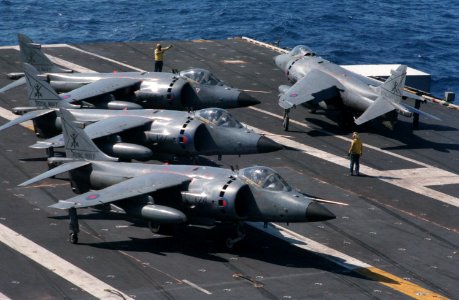 SeaHarriers 800 Sqn parked on USS Eisenhower (CVN-69) 1984