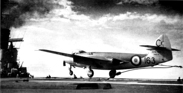 Sea Hawk landing on HMS Centaur (R06) 1956