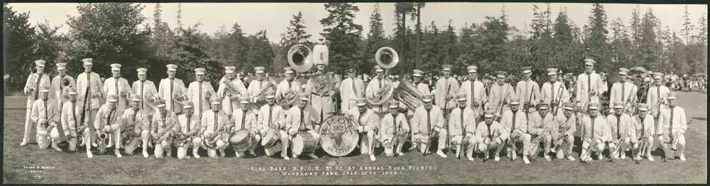 Seattle Elks band at Boys Picnic, Woodland Park, 1923 (MOHAI 13125)