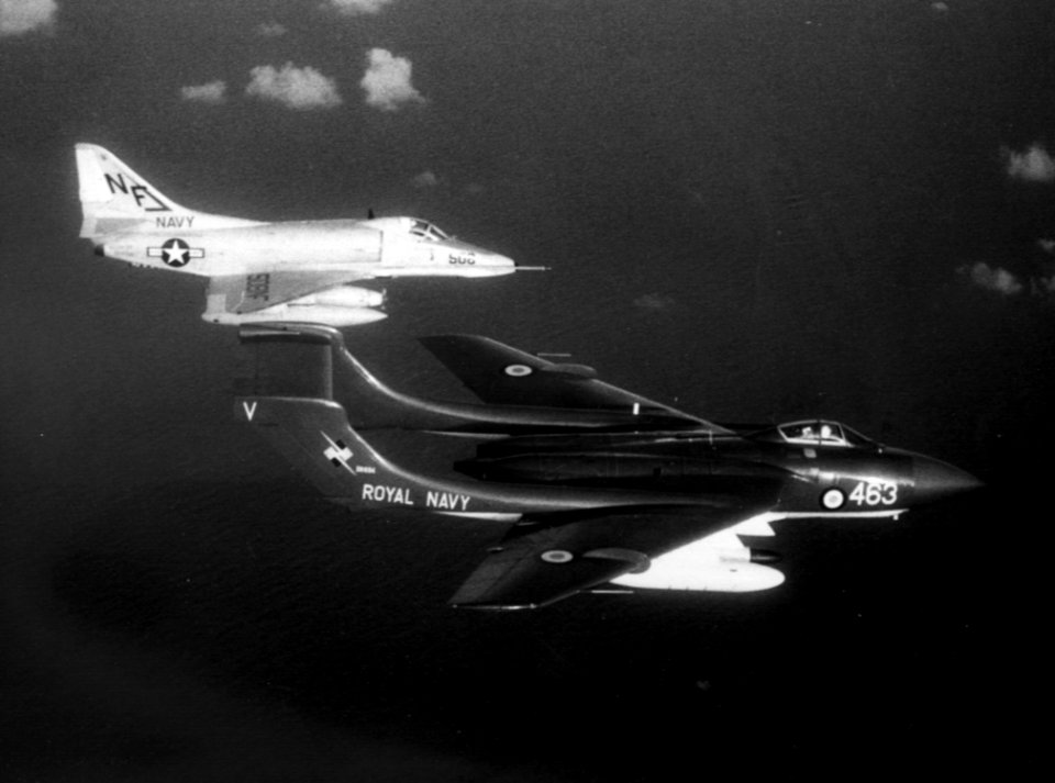 Sea Vixen of 893 NAS and VA-55 A-4E in flight 1964