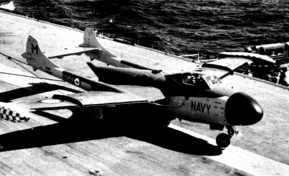 Sea Venom of 805 NAS landing on HMAS Melbourne (R21) c1962