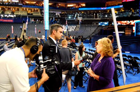 Sean Maroney interviews Elaine Brye on the floor of the DNC on September 4th, 2012. Brye introduced First Lady Michelle Obama at the convention