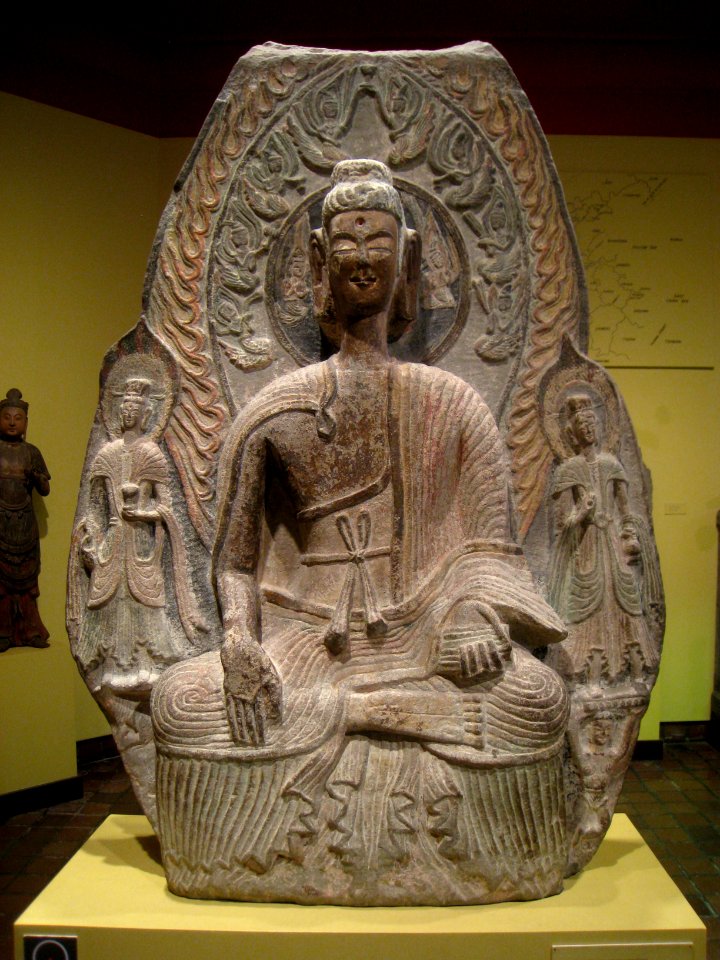 Seated Buddha with Attending Bodhisattva, China, Northern Wei Dynasty, early 6th century AD, limestone - Worcester Art Museum - IMG 7555