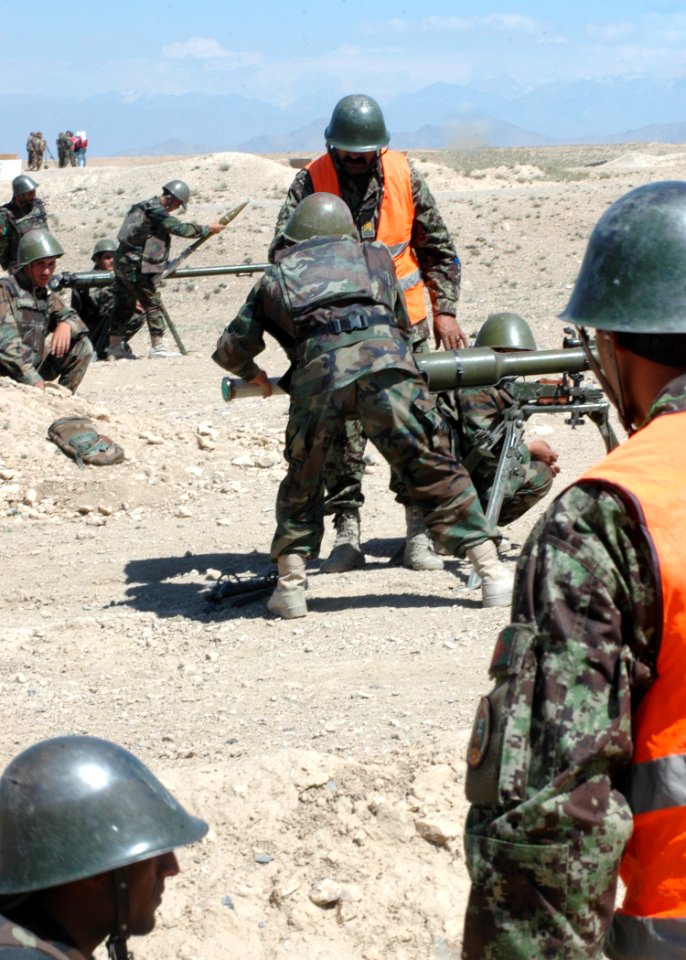 An Afghan National Army trainee inserts a round into a Russian Recoilless Rifle (SPG-9) (4705402725)