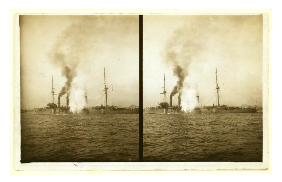 An American cruiser firing its guns in salute as it arrives in New York, probably at the time of the Portsmouth Peace Conference LCCN2005679310
