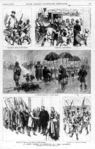 An artist's rambles in Washington- the artist's arrival at the Capital (and) Washington ladies marketing- (small African American boys fighting to carry man's luggage and woman's market LCCN2005679969